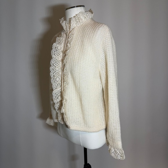 Sidney Gould Vintage 1960s Cream Mohair Knit Lace Ruffle Cardigan Sweater Womens - Picture 4 of 10